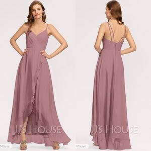Formal Dress — A-Line V-neck Asymmetrical Chiffon, Cascading Ruffles, Size 6(US)